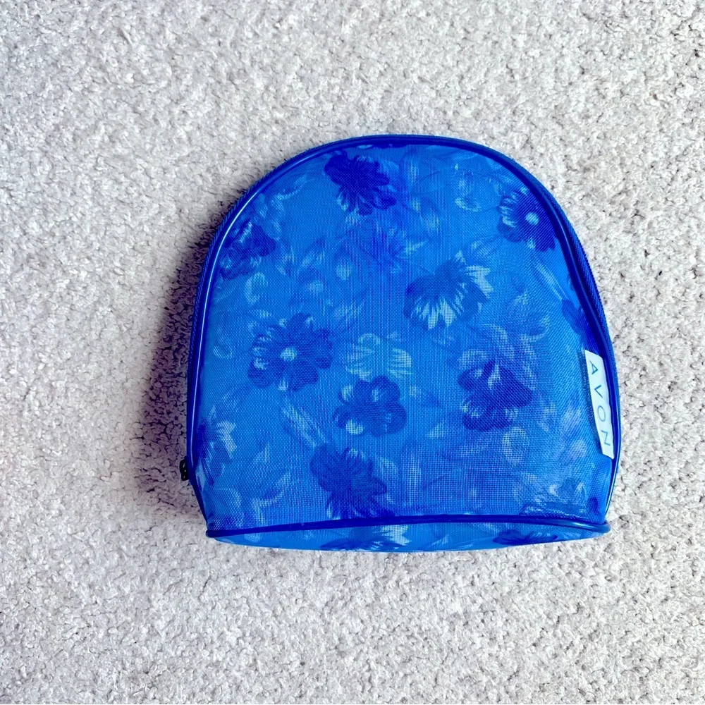Avon Blue Floral Mesh Makeup Cosmetics Bag Case Pouch
